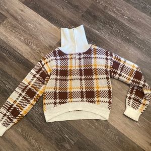 brown yellow and white plaid slightly cropped sweater